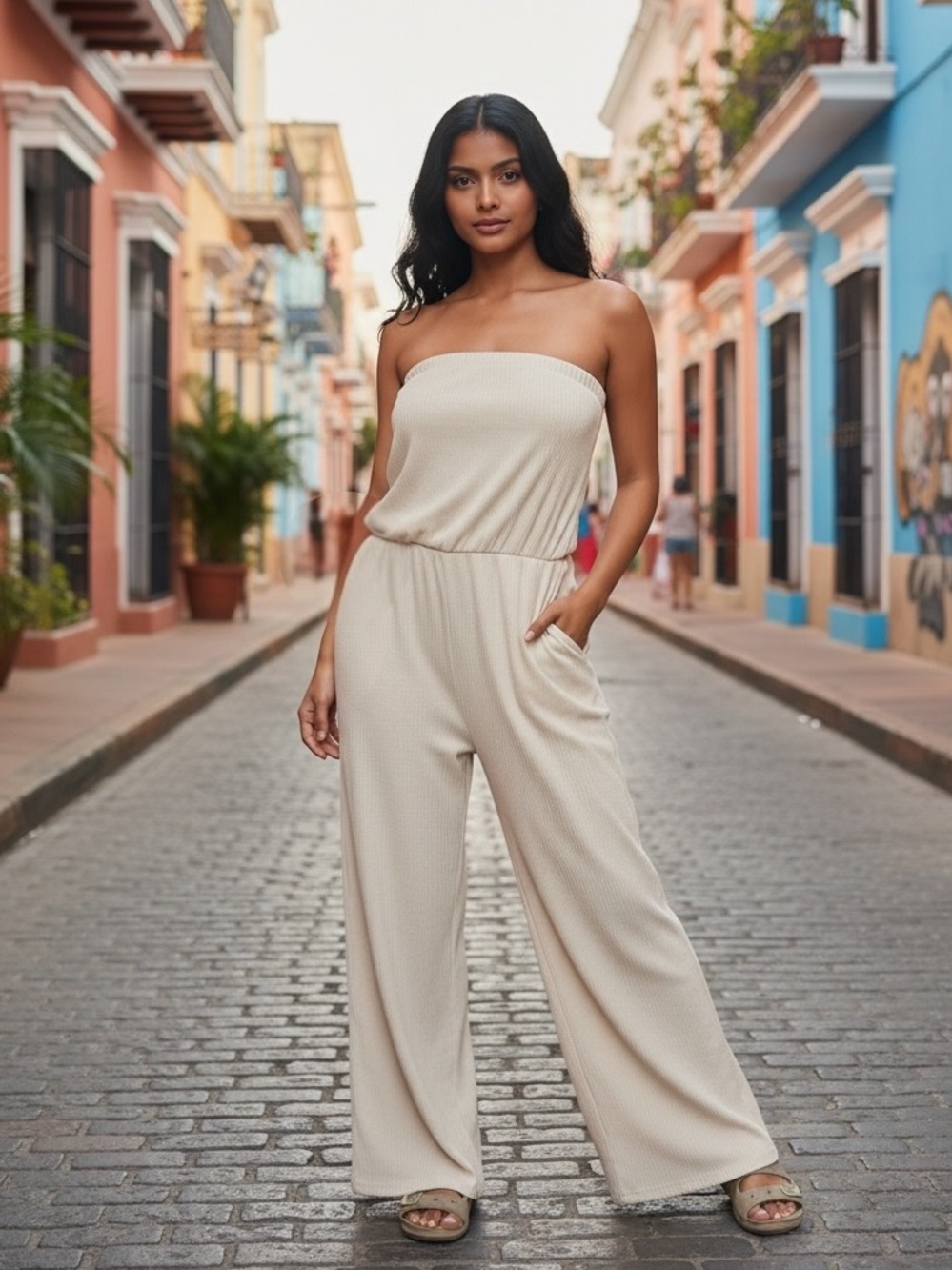 Strapless Cream Ribed Wide-Leg Jumpsuit - Picture 2 of 14